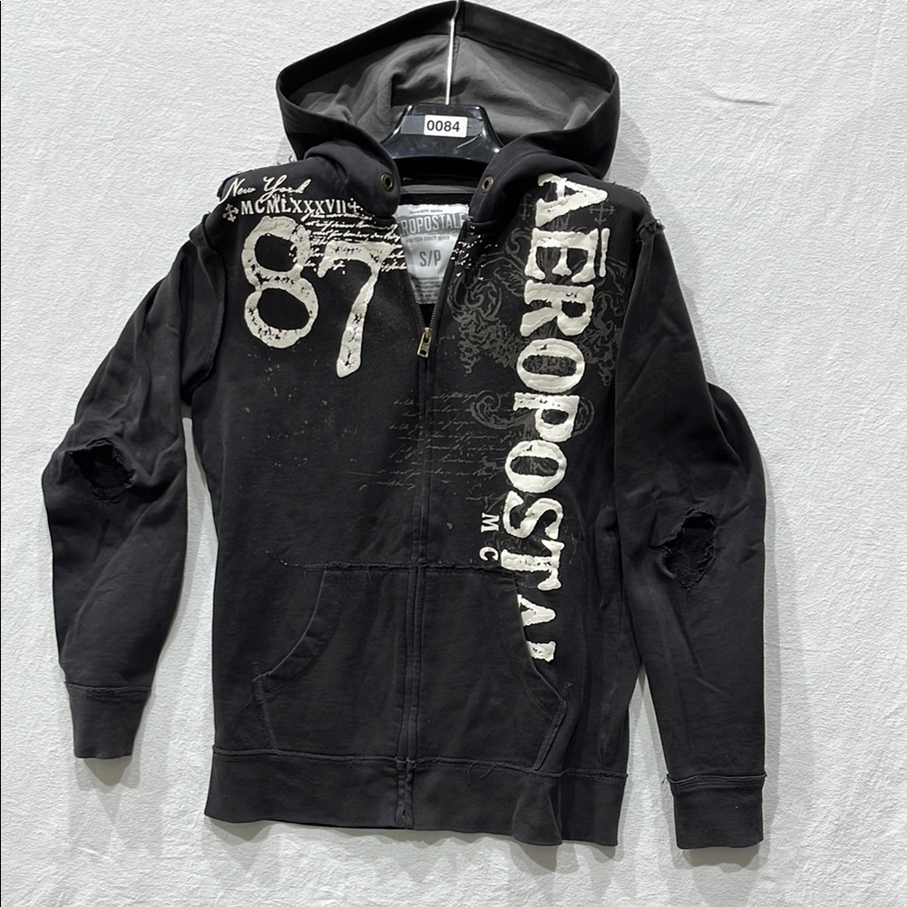Aeropostale Vintage Men’s Distressed Black Hoodie with White Print Sz S/P
